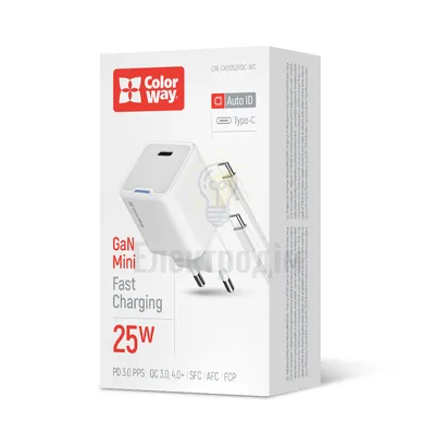 Зарядний пристрій мережевий Type-C + кабель Type-C PD 25W білий GaN Mini ColorWay CW-CHS052PDC-WT — купити в Електродім