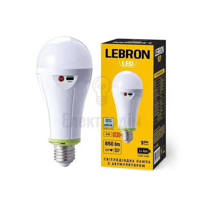 LED лампа з акумулятором LEBRON L-A70T-965, 9W, Е27, 6500K, Li-ion 1200mAh, 230V 11-11-92 — купити в Електродім