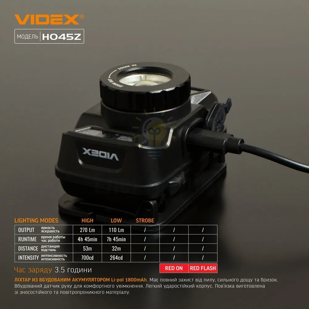 Налобний світлодіодний ліхтарик VIDEX 270Lm 5000K VLF-H045Z  - фото 3