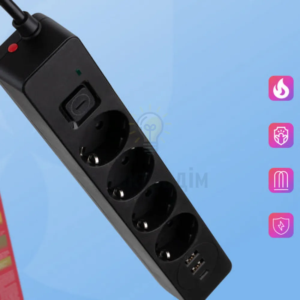 Подовжувач ColorWay Фільтр мережевий 4 розетки/2USB-A/1Type-C 5м чорний CW-CHE435PDB ColorWay CW-CHE435PDB  - фото 14