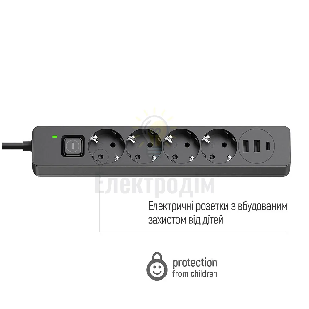 Подовжувач ColorWay Фільтр мережевий 4 розетки/2USB-A/1Type-C 5м чорний CW-CHE435PDB ColorWay CW-CHE435PDB  - фото 2