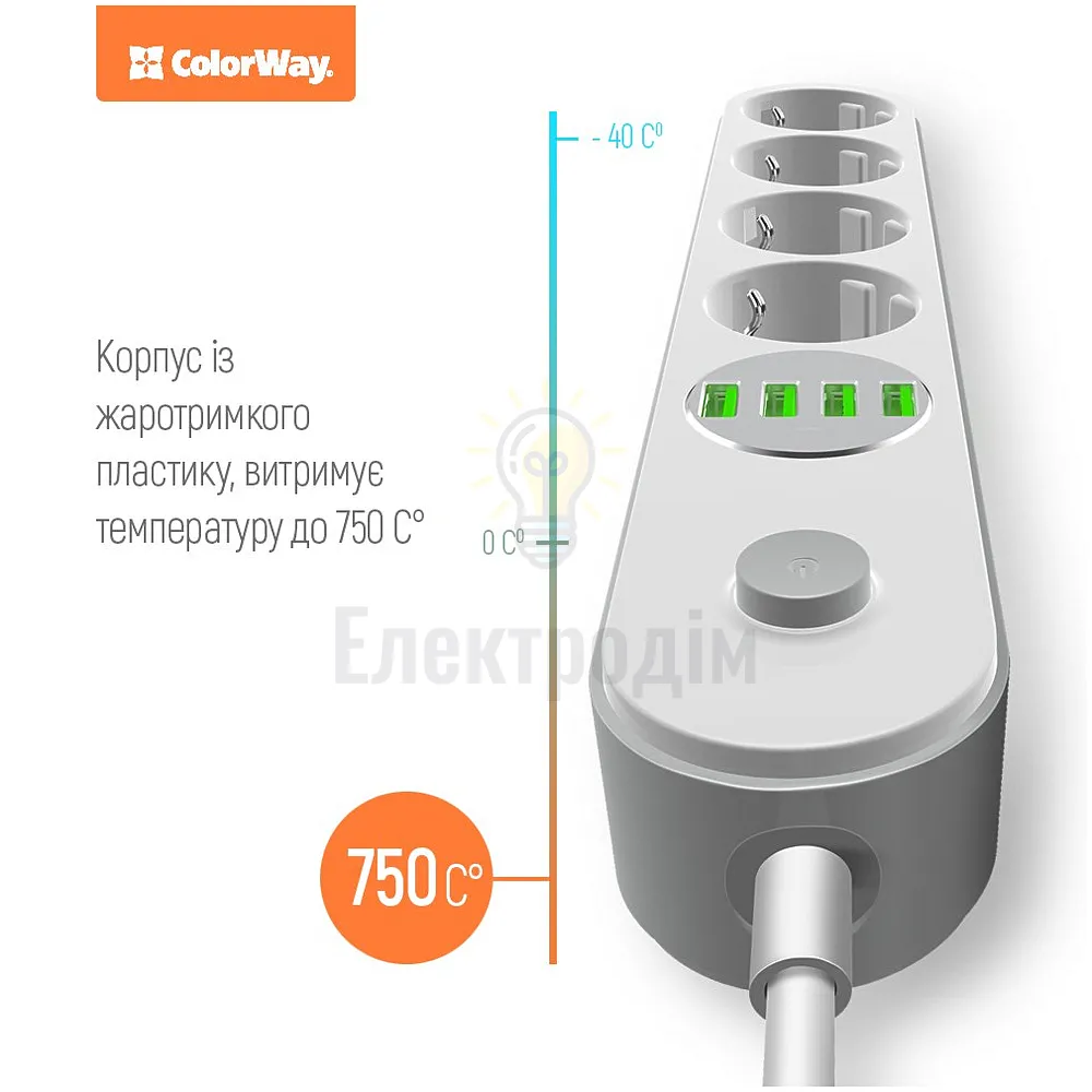 Подовжувач ColorWay Фільтр мережевий 4 розетки/4USB 2м білий CW-CHE44W ColorWay CW-CHE44W  - фото 8