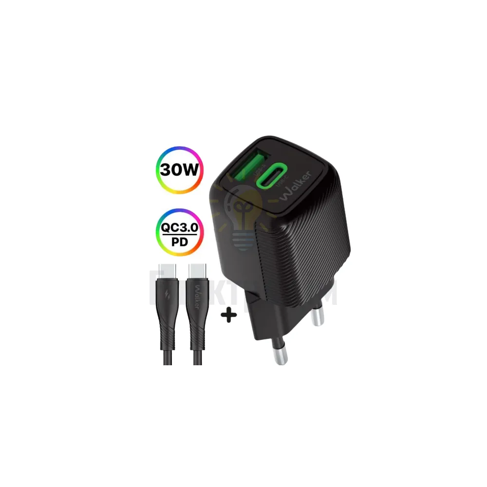 Зарядний пристрій мережевий USB/Type-C + кабель Type-C 30W чорний GaN WALKER WH-71 black 