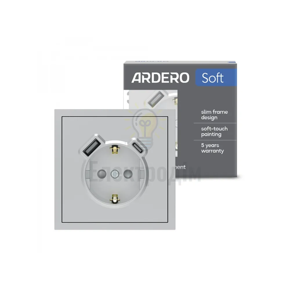 ER123USB-S розетка із заземленням 16А із USB-A 18W та Type-C 20W, механізм срібло Soft 80802 
