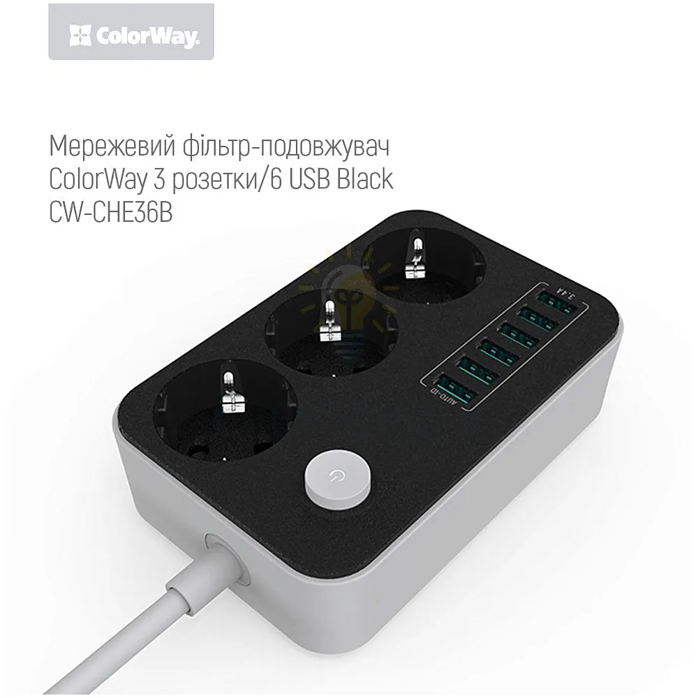 Подовжувач ColorWay Фільтр мережевий 3 розетки/6USB 1,8 м чорний CW-CHE36B ColorWay CW-CHE36B  - фото 2
