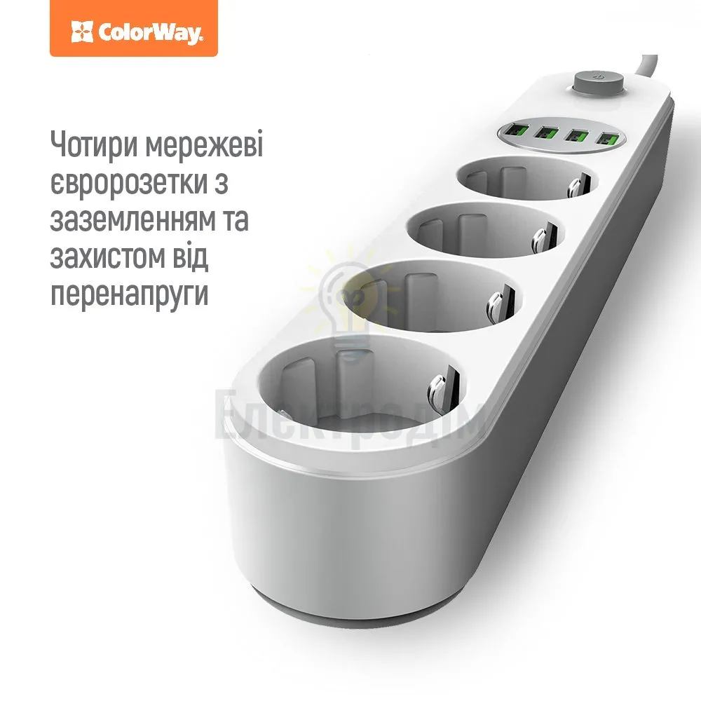 Подовжувач ColorWay Фільтр мережевий 4 розетки/4USB 2м білий CW-CHE44W ColorWay CW-CHE44W  - фото 9