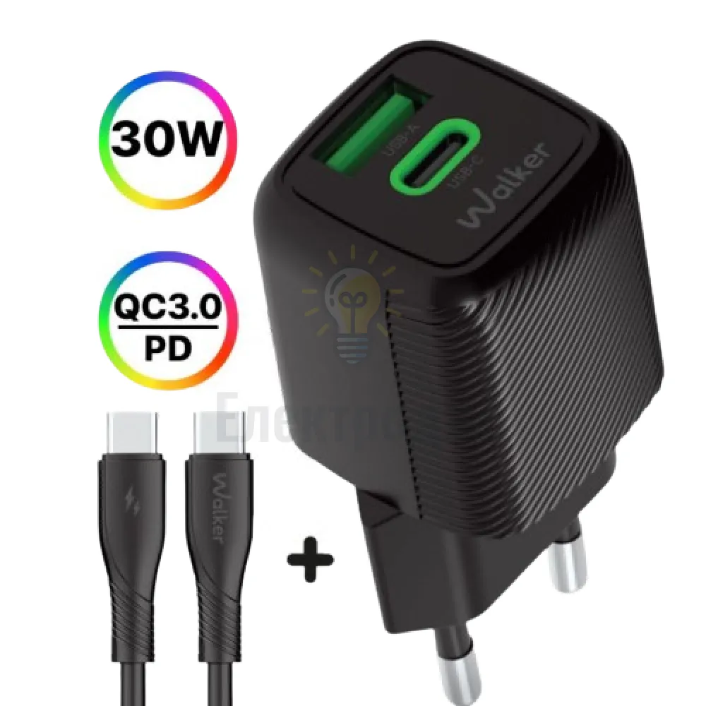 Зарядний пристрій мережевий USB/Type-C + кабель Type-C 30W чорний GaN WALKER WH-71 black 
