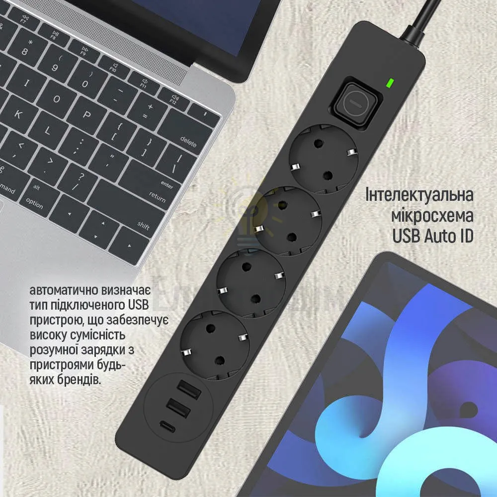 Подовжувач ColorWay Фільтр мережевий 4 розетки/2USB-A/1Type-C 5м чорний CW-CHE435PDB ColorWay CW-CHE435PDB  - фото 3
