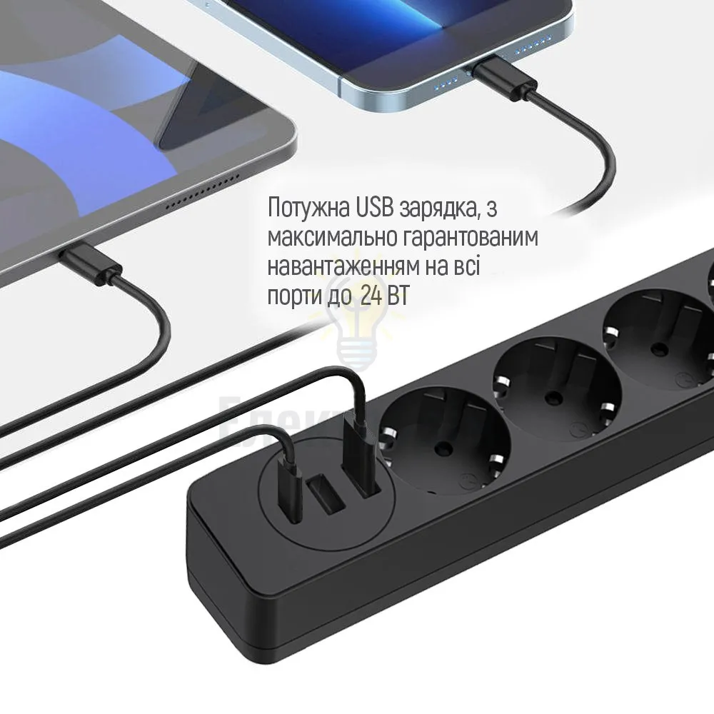 Подовжувач ColorWay Фільтр мережевий 4 розетки/2USB-A/1Type-C 5м чорний CW-CHE435PDB ColorWay CW-CHE435PDB  - фото 7