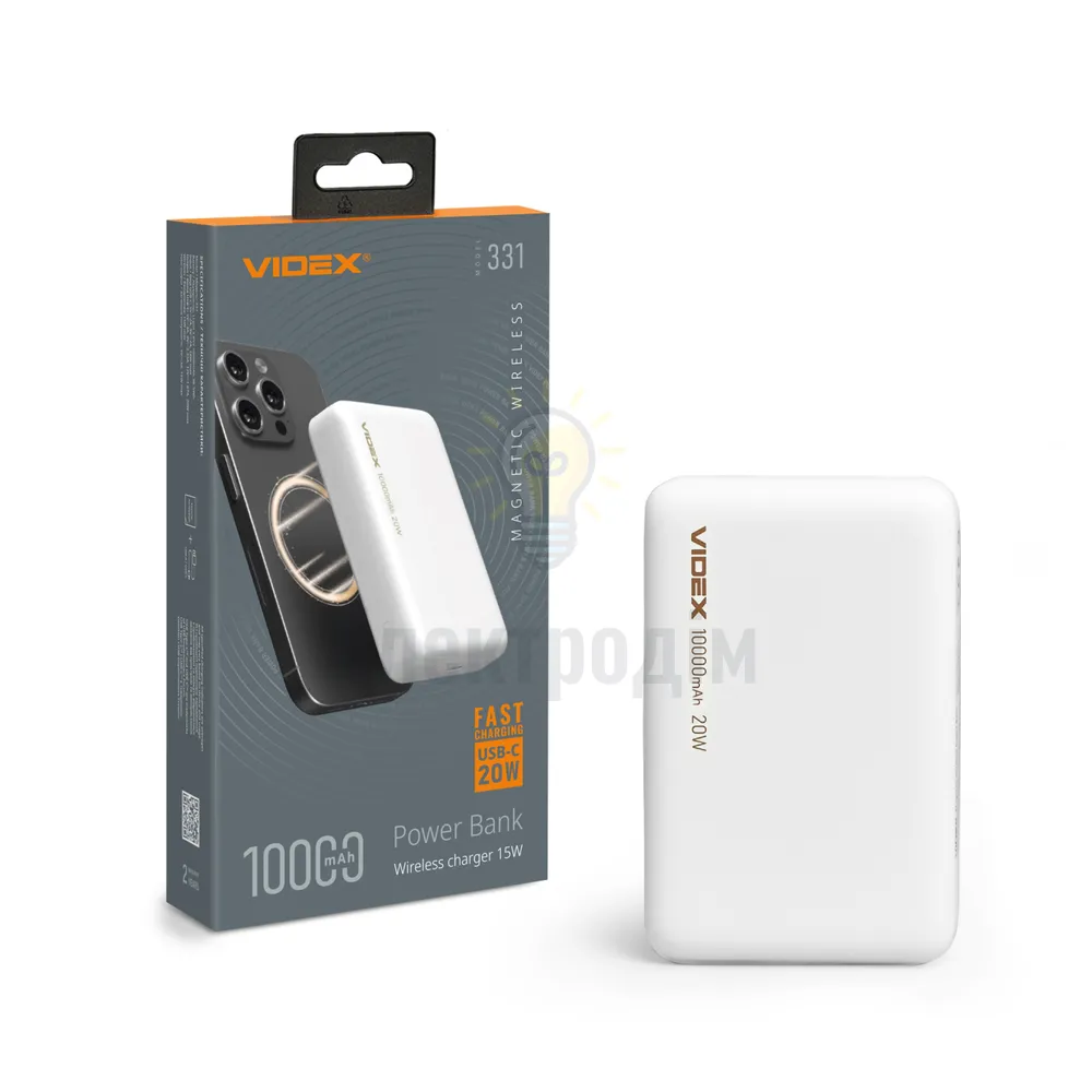 Павербанк 10000 mAh Videx VPB-331-W з БЗП білий VPB-331-W 