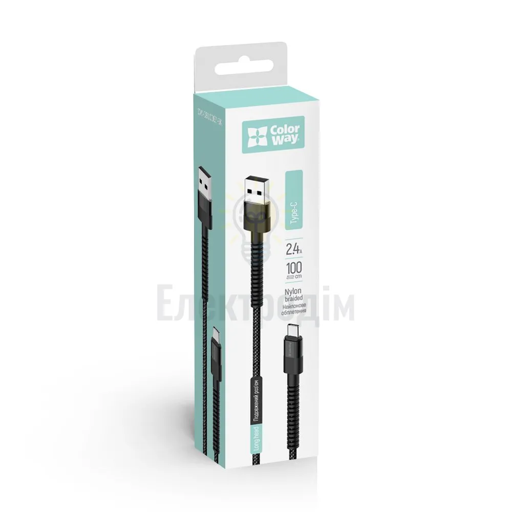 Кабель Colorway USB - Type-C (nylon - long head) 2.4А 1м чорний CW-CBUC063-BK  - фото 1
