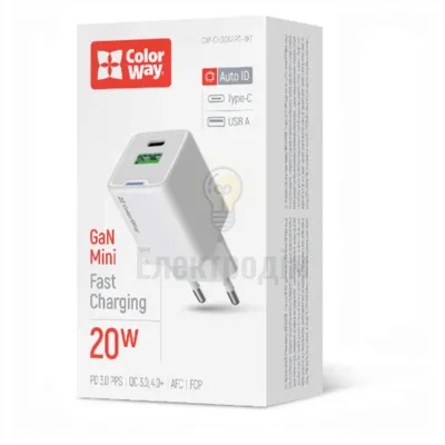 Зарядний пристрій мережевий Type-C/USB QC+PD Port PPS 20W білий GaN Mini ColorWay CW-CHS062PD-WT CW-CHS062PD-WT — купити в Електродім
