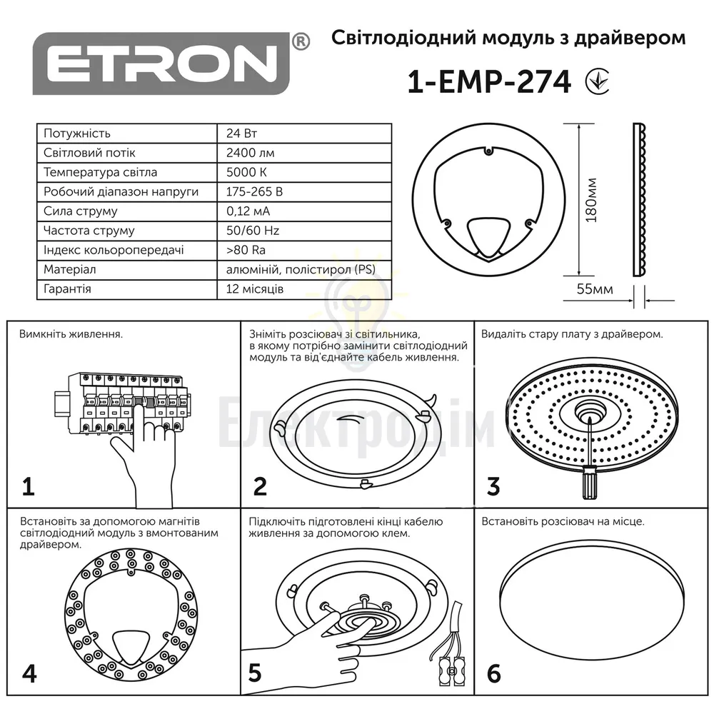 Рем комплект Світлодіодний модуль ETRON 1-EMP-274 24W Matrix 5000K IP20 коло 180мм 1-EMP-274  - фото 3