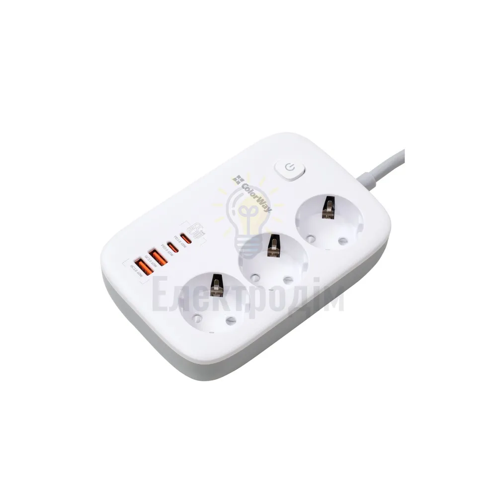 Подовжувач ColorWay Фільтр мережевий 3 розетки/2USB-A/2Type-C PD 2м 65W білий CW-CHE34PDW GaN3 Pro ColorWay CW-CHE34PDW  - фото 3