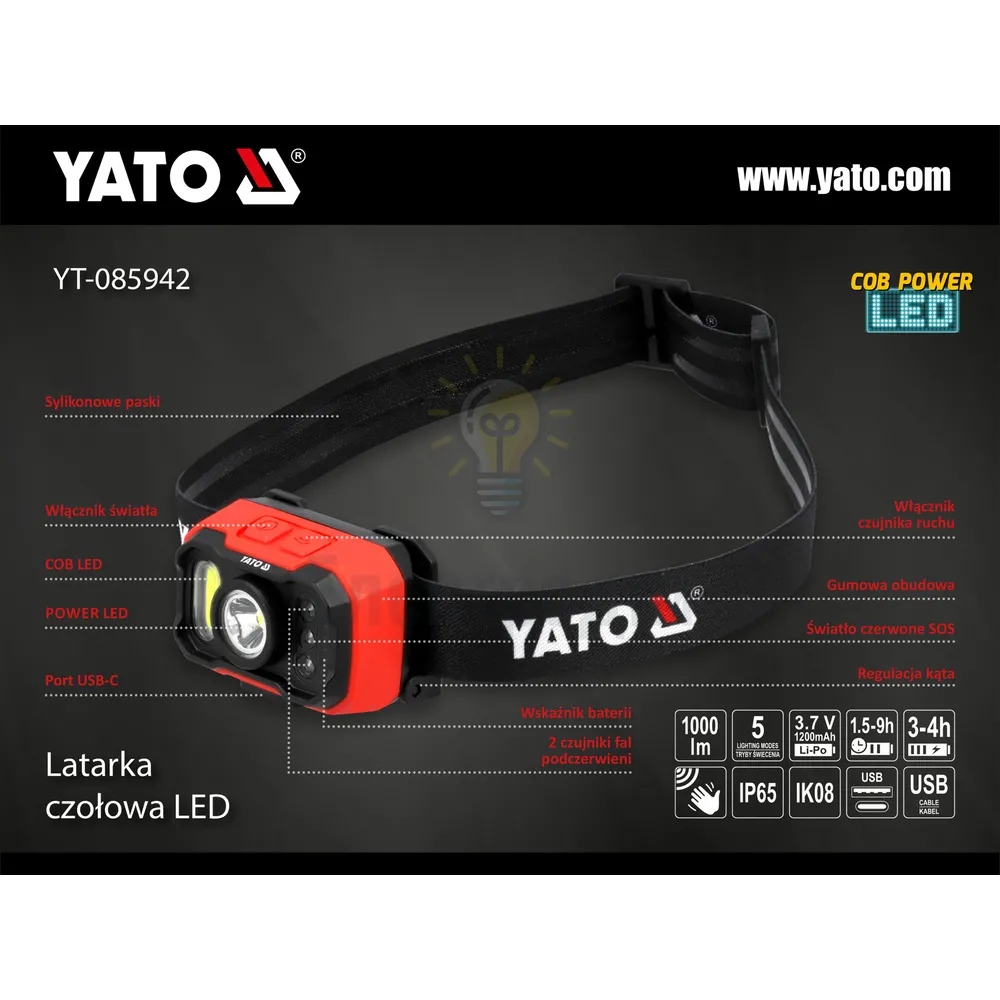 Акумуляторний ліхтар налобний з датчиком руху YATO YT-085942  - фото 4