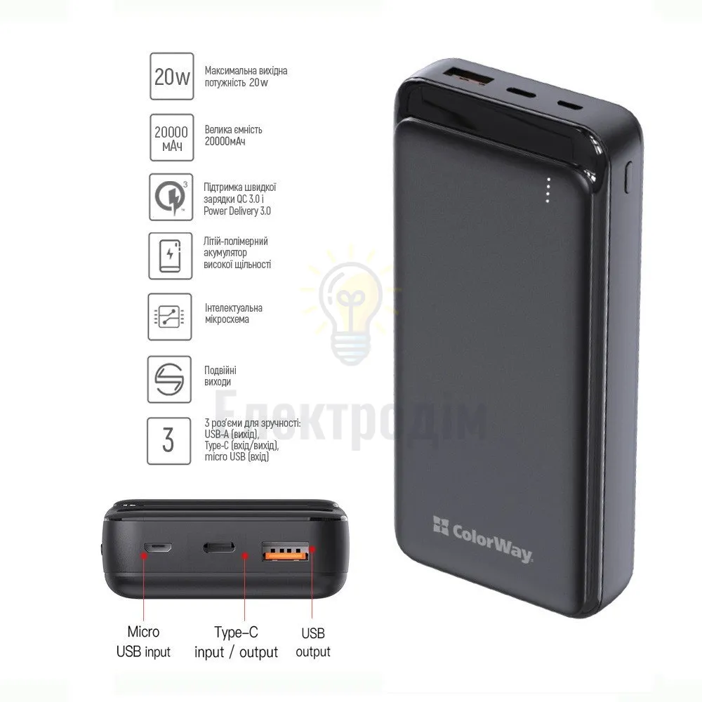 Павербанк 20000 mAh ColorWay CW-PB200LPG3BK-PD 20W QC+PD slim чорний CW-PB200LPG3BK-PD  - фото 4