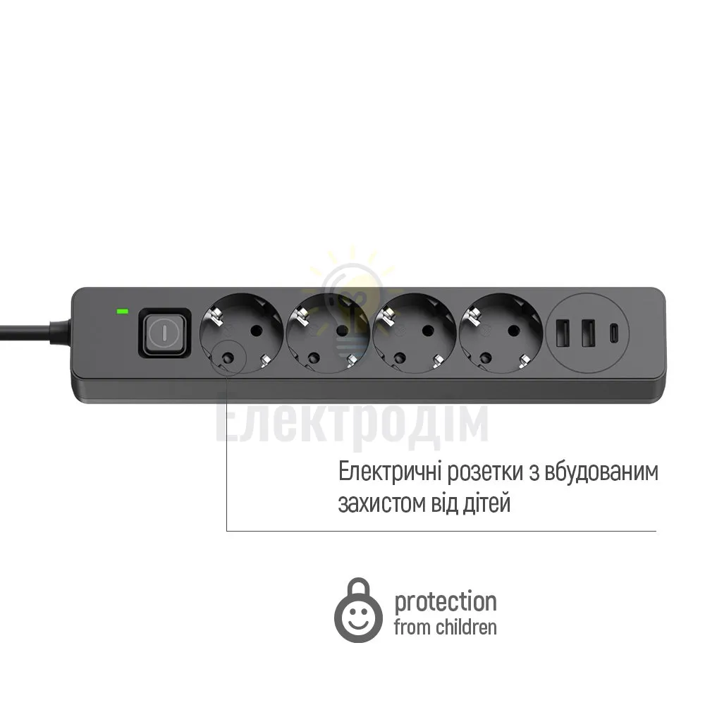 Подовжувач ColorWay Фільтр мережевий 4 розетки/2USB-A/1Type-C 5м чорний CW-CHE435PDB ColorWay CW-CHE435PDB  - фото 2