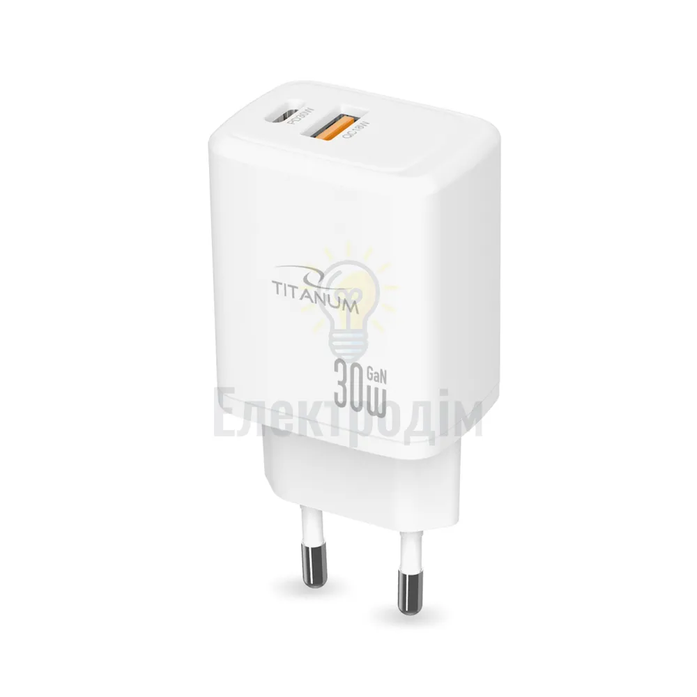 Зарядний пристрій мережевий USB/Type-C 30W білий GaN Titanum TA-CH30AC-W TA-CH30AC-W  - фото 1