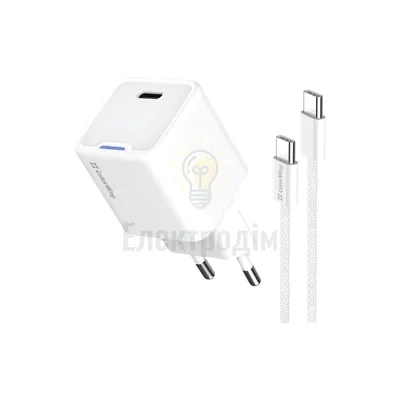 Зарядний пристрій мережевий Type-C + кабель Type-C PD 30W білий GaN Mini ColorWay CW-CHS054PDC-WT — купити в Електродім