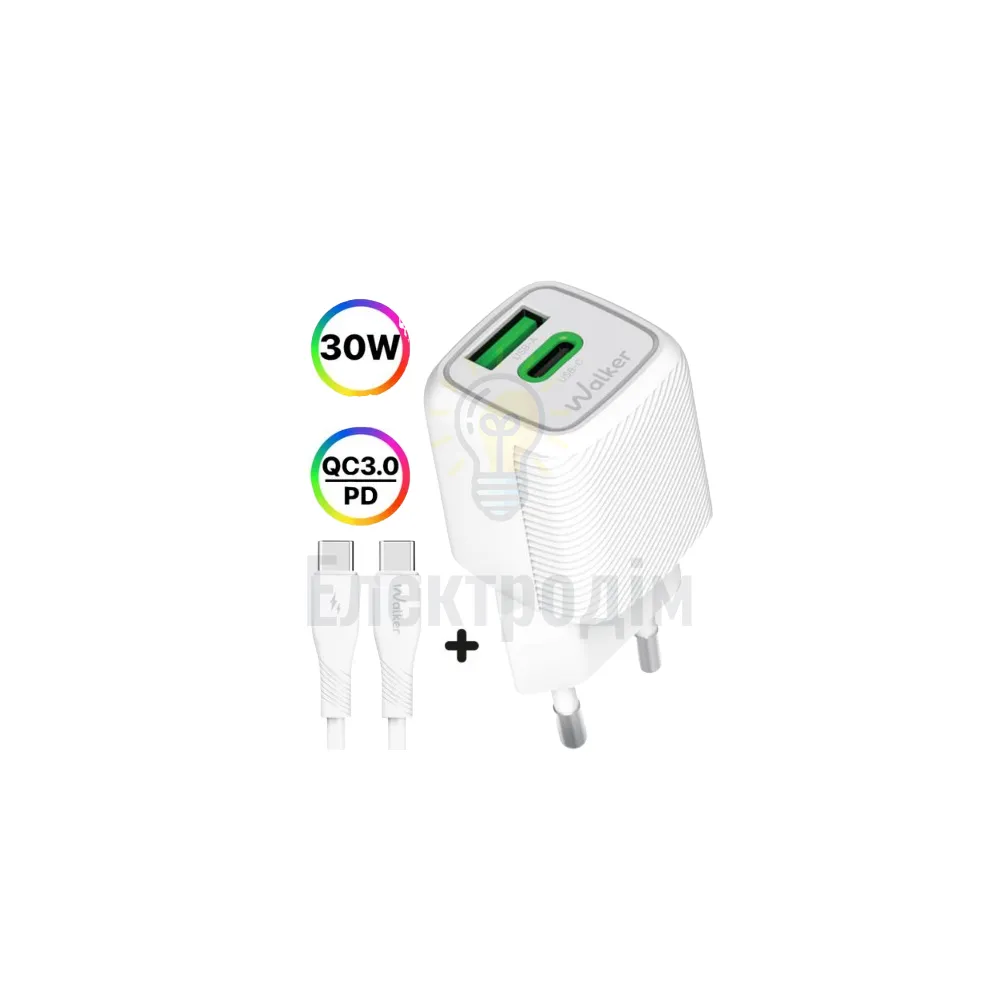 Зарядний пристрій мережевий USB/Type-C + кабель Type-C 30W білий GaN WALKER WH-71 white 