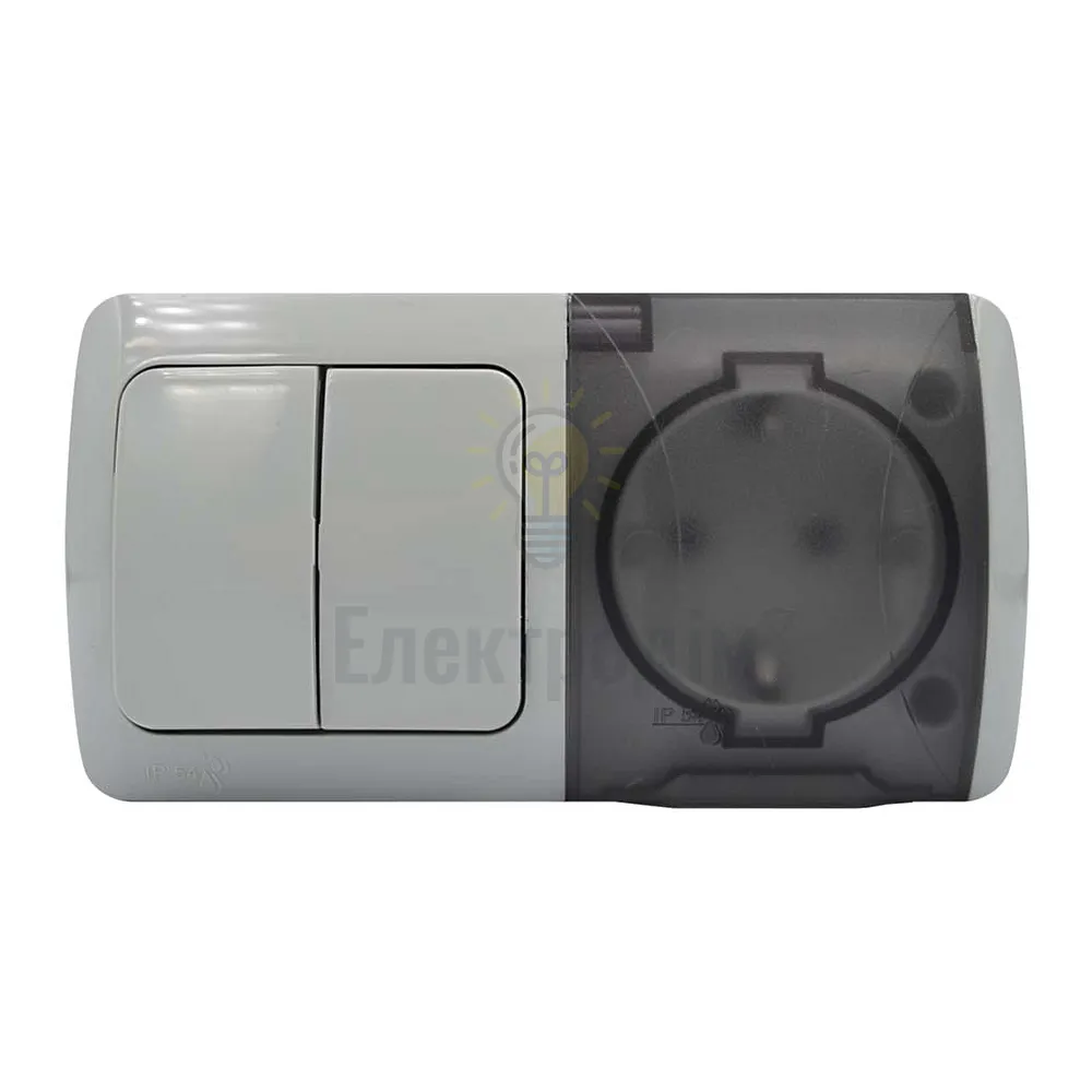 Вимикач EL-BI EVA 2-ий + Розетка з заземленням з кришкою світло-сірий IP54 554-011500-922 