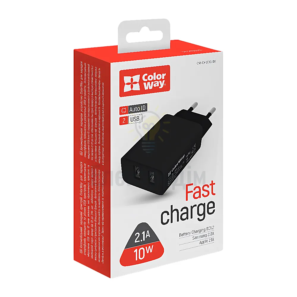 Зарядний пристрій мережевий 2 USB 2,1A QC 10W чорний ColorWay CW-CHS015-BK 
