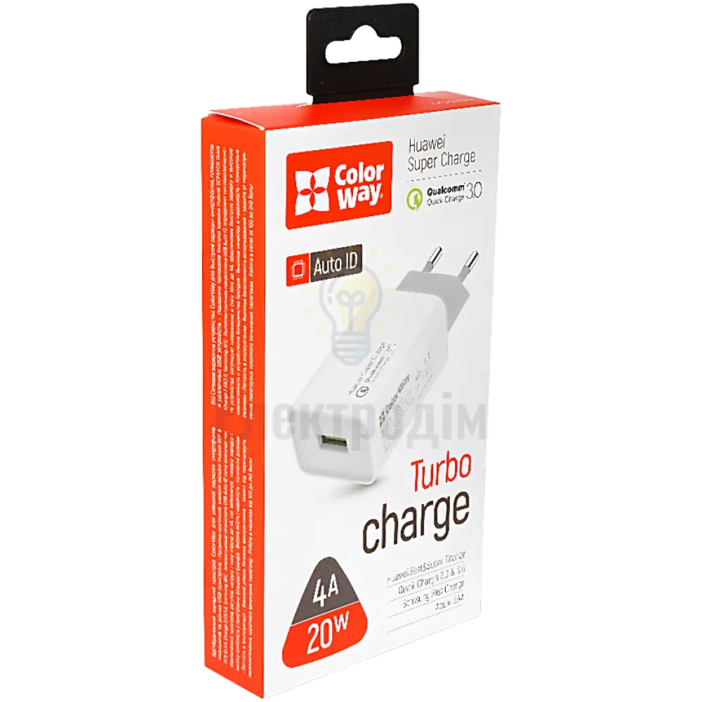 Зарядний пристрій мережевий  USB 4,0A QC 20W білий ColorWay CW-CHS014Q-WT 