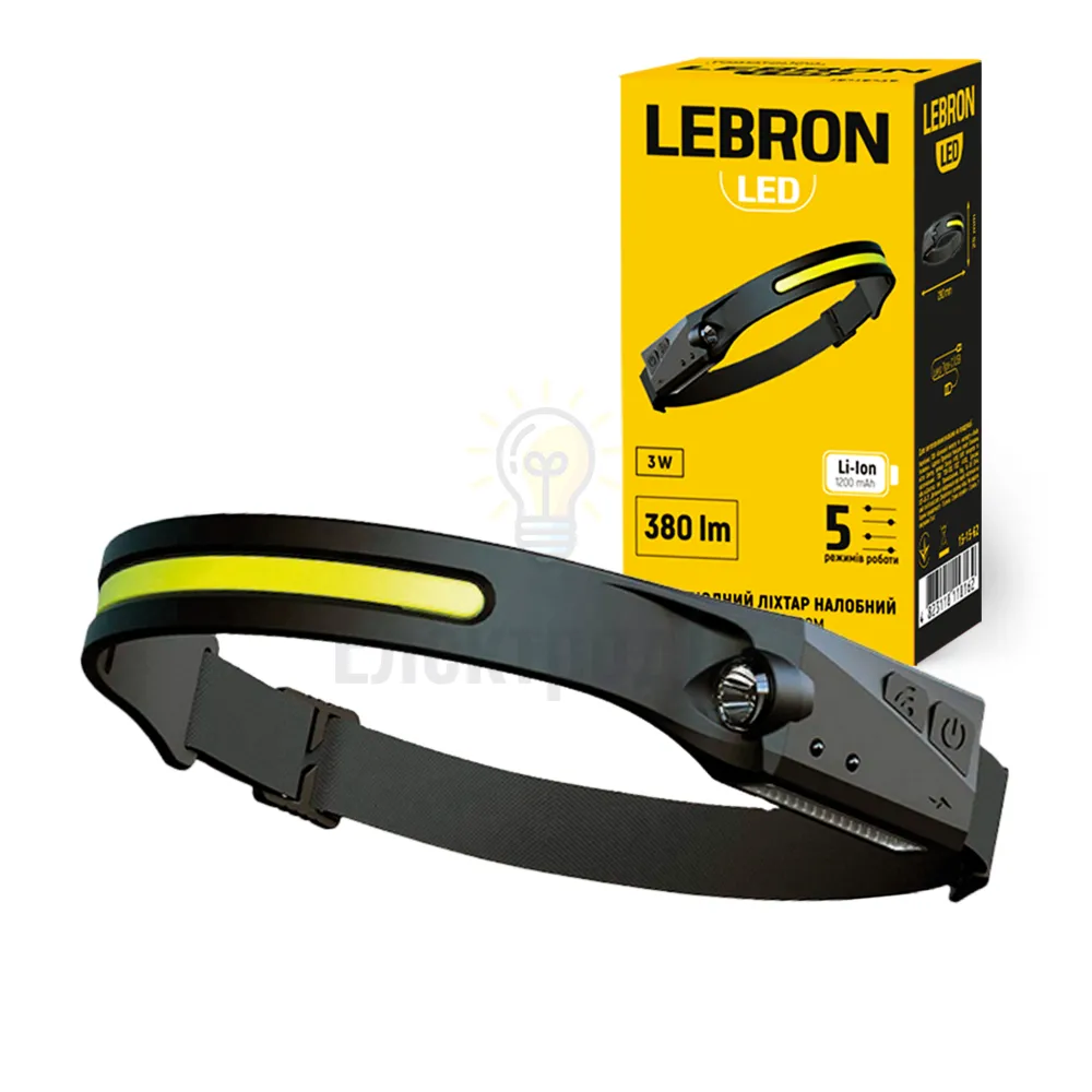 LED ліхтар налобний LEBRON L-HL-10157, ABS+силікон, 3W, 6500K, Li-Ion 1200mAh, чорний, шнур USB  15-15-62 