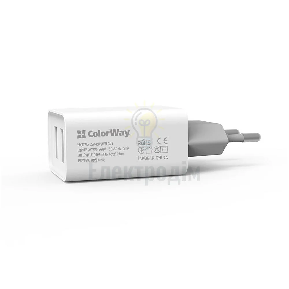 Зарядний пристрій мережевий 2USB 2,1А 10W білий ColorWay CW-CHS015-WT CW-CHS015-WT  - фото 2