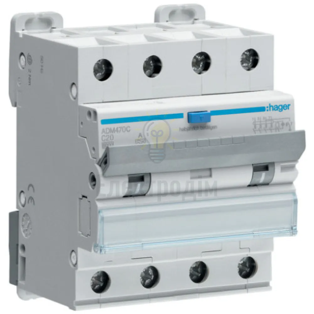 Дифавтомат Hager ДАВ 4P 6kA C-20A 30mA A ADM470C 