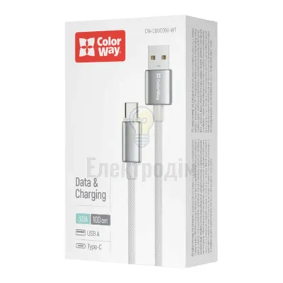 Кабель USB USB/Type-C ColorWay 3,0A 1м білий CW-CBUC098-WT — купити в Електродім