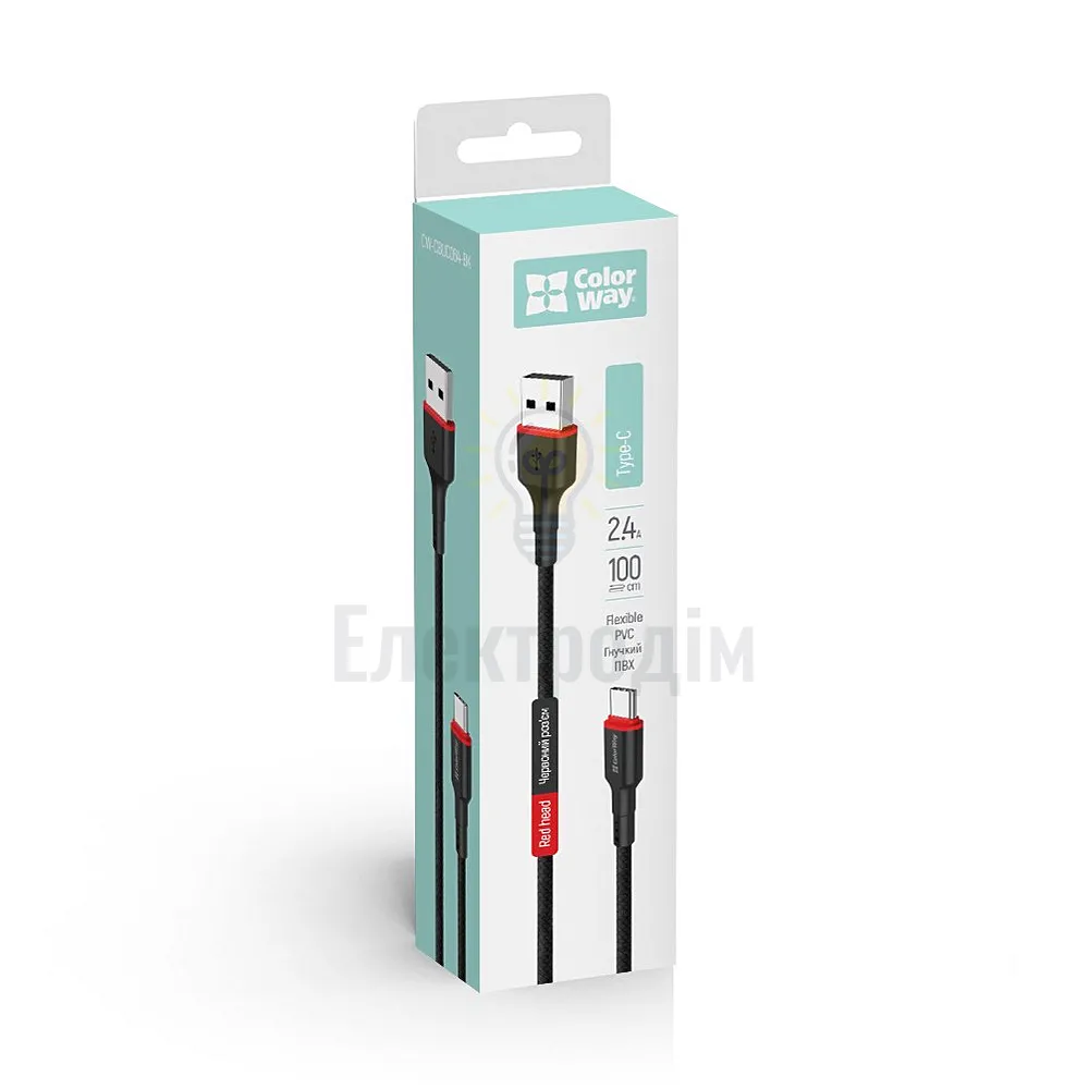 Кабель Colorway USB - Type-C (nylon - red head) 2.4А 1м чорний CW-CBUC064-BK  - фото 1