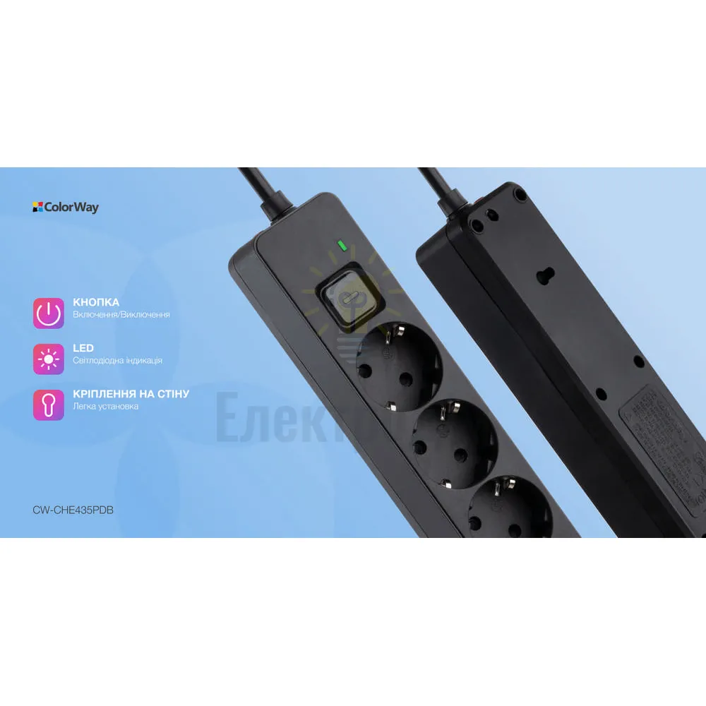Подовжувач ColorWay Фільтр мережевий 4 розетки/2USB-A/1Type-C 5м чорний CW-CHE435PDB ColorWay CW-CHE435PDB  - фото 13