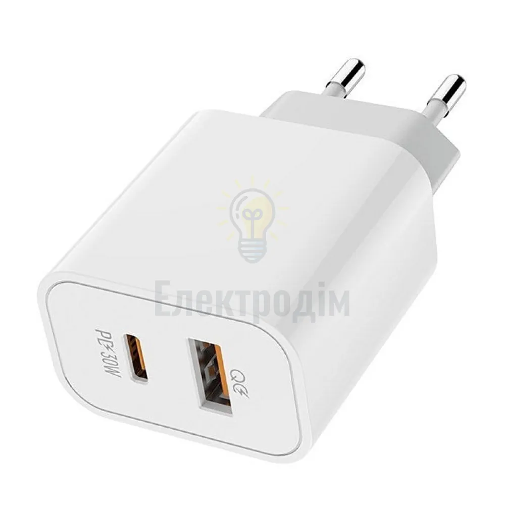 Зарядний пристрій мережевий USB/Type-C 3,0A QC+PD 30W білий ColorWay CW-CHS037PD-WT 