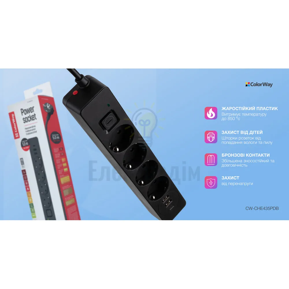 Подовжувач ColorWay Фільтр мережевий 4 розетки/2USB-A/1Type-C 5м чорний CW-CHE435PDB ColorWay CW-CHE435PDB  - фото 14