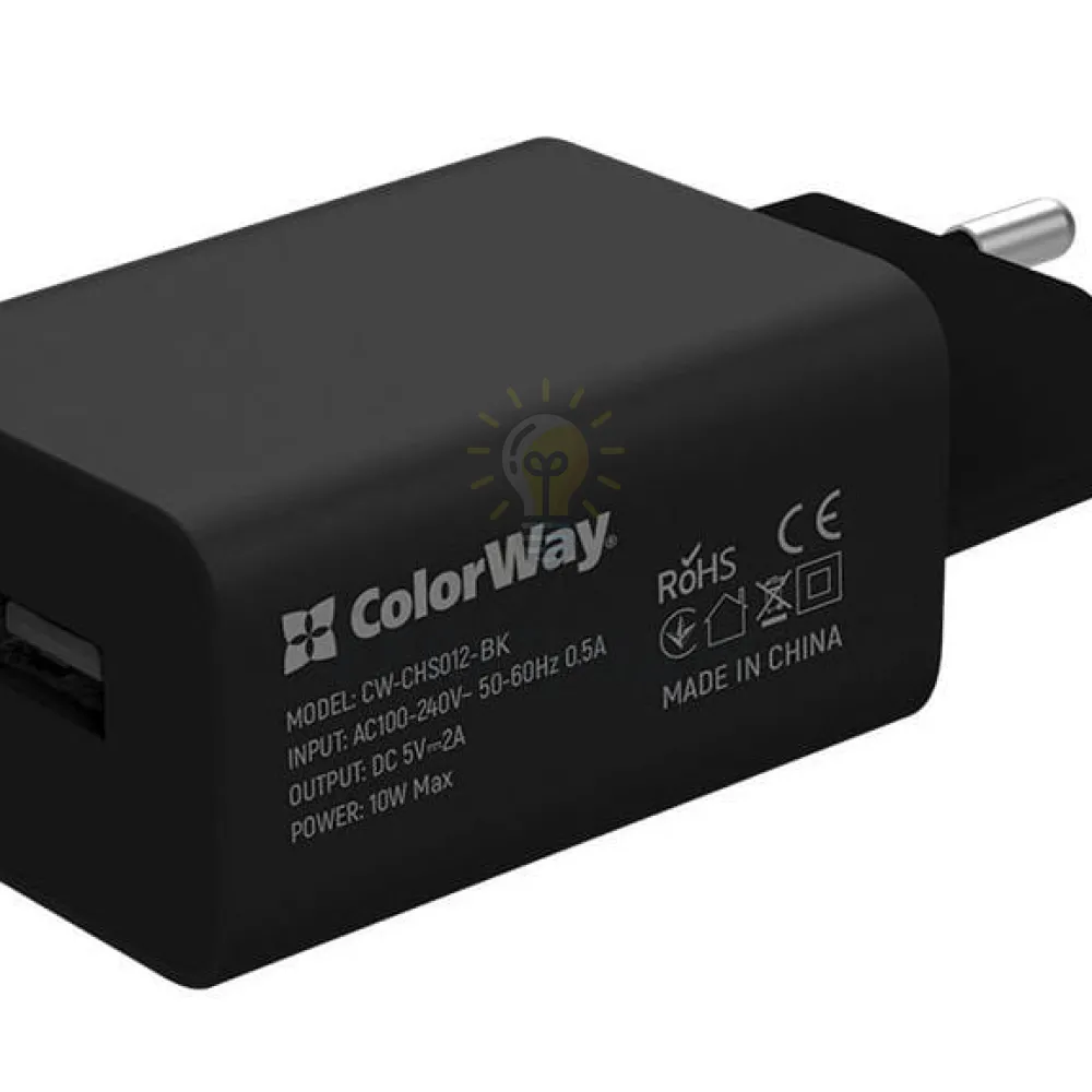 Зарядний пристрій мережевий USB + кабель Lightning 2,0A 10W чорний ColorWay CW-CHS012CL-BK 