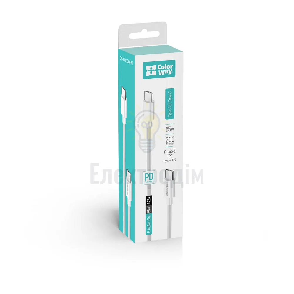 Кабель Colorway Type-C - Type-C (TPE) (PD Fast Charging 65W) 3.0А 2м білий CW-CBPDCC056-WT  - фото 2