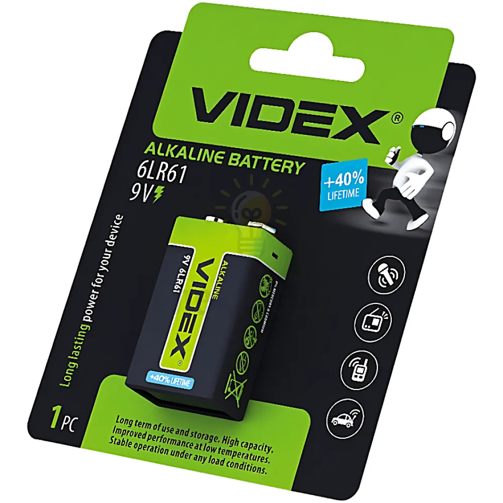 Батарейка Videx лужна 9V/6LR61 (бл-1шт) 6LR61/9V/B 