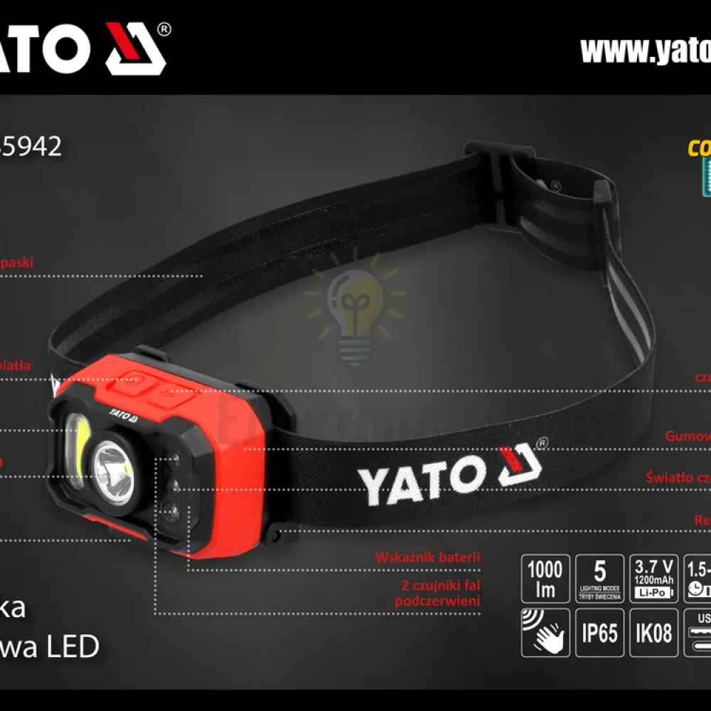 Акумуляторний ліхтар налобний з датчиком руху YATO YT-085942  - фото 4