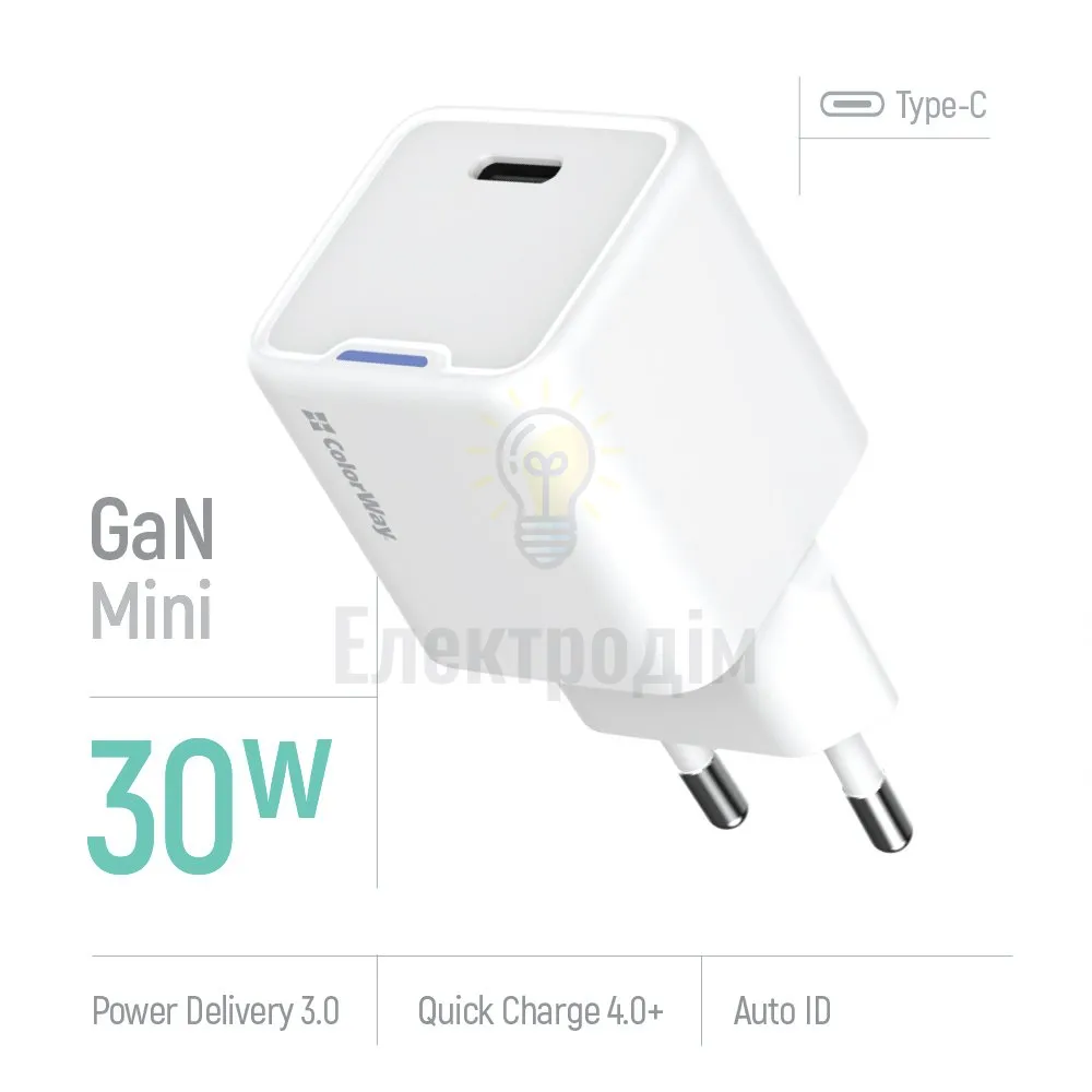 Мережевий зарядний пристрій ColorWay GaN Mini 30W PD Port PPS USB-C білий CW-CHS054PD-WT  - фото 10