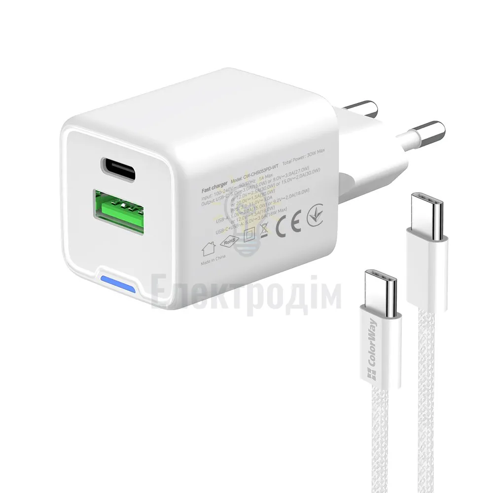 Мережевий зарядний пристрій ColorWay GaN Mini 30W PD Port PPS USB (Type-C PD + USB QC4.0) cable Type-C CW-CHS053PDC-WT  - фото 3