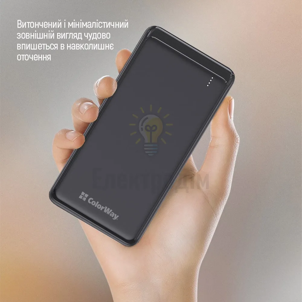 Павербанк УМБ ColorWay Power Bank 10 000 mAh Slim (USB QC3.0 + USB-C Power Delivery 18W) Black CW-PB100LPG3BK-PD)  - фото 6
