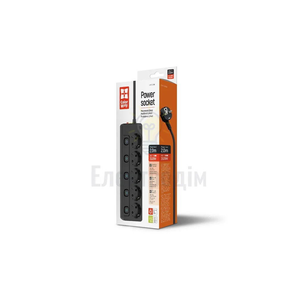 Фільтр мережевий 5 розеток 2м (вимикач на кожну розетку) чорний CW-PSEA52SBK ColorWay CW-PSEA52SBK  - фото 6