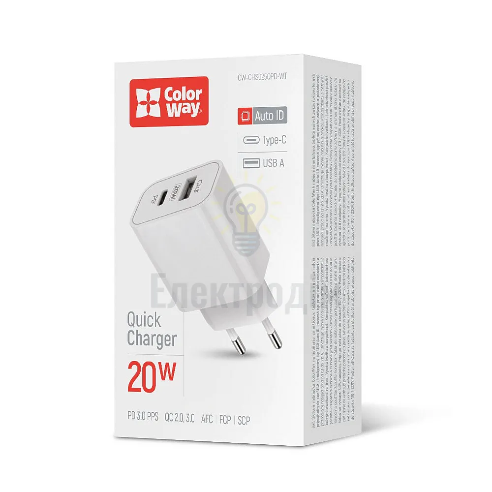Зарядний пристрій мережевий USB/Type-C QC+PD 20W білий V2 ColorWay CW-CHS025QPD-WT 