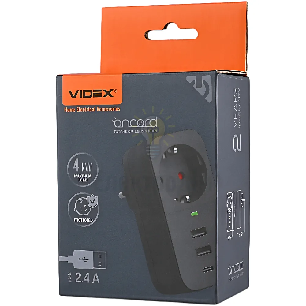 Мережевий адаптер VIDEX ONCORD з/з 1п 2.4A 2USB+USB-C Black VF-AD1G2U1C-B 