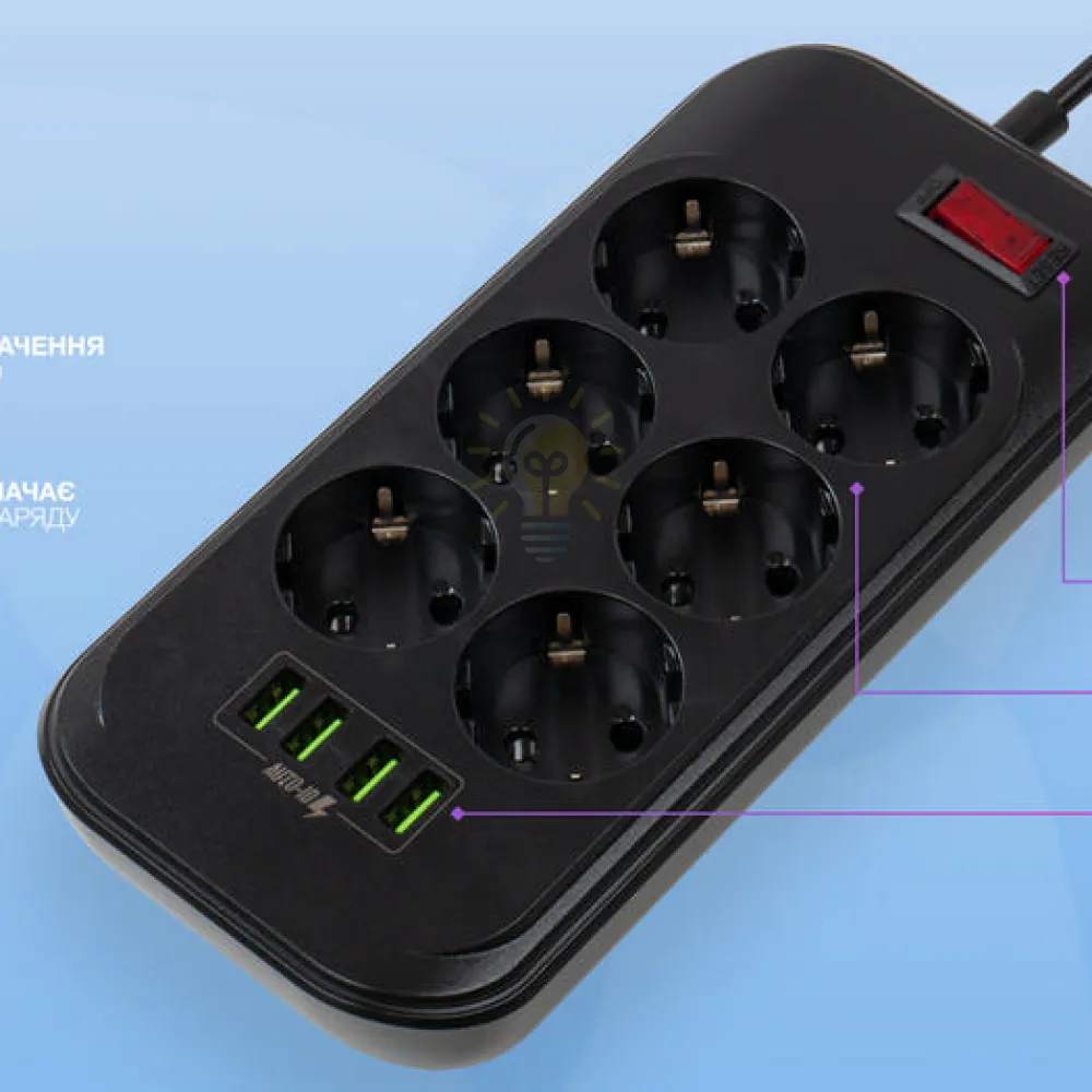 Подовжувач ColorWay Фільтр мережевий 6 розеток/4USB 2м чорний CW-CHE64B ColorWay CW-CHE64B  - фото 10