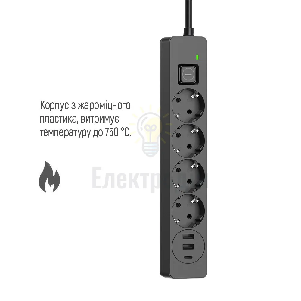 Подовжувач ColorWay Фільтр мережевий 4 розетки/2USB-A/1Type-C 2м чорний CW-CHE432PDB ColorWay CW-CHE432PDB  - фото 4