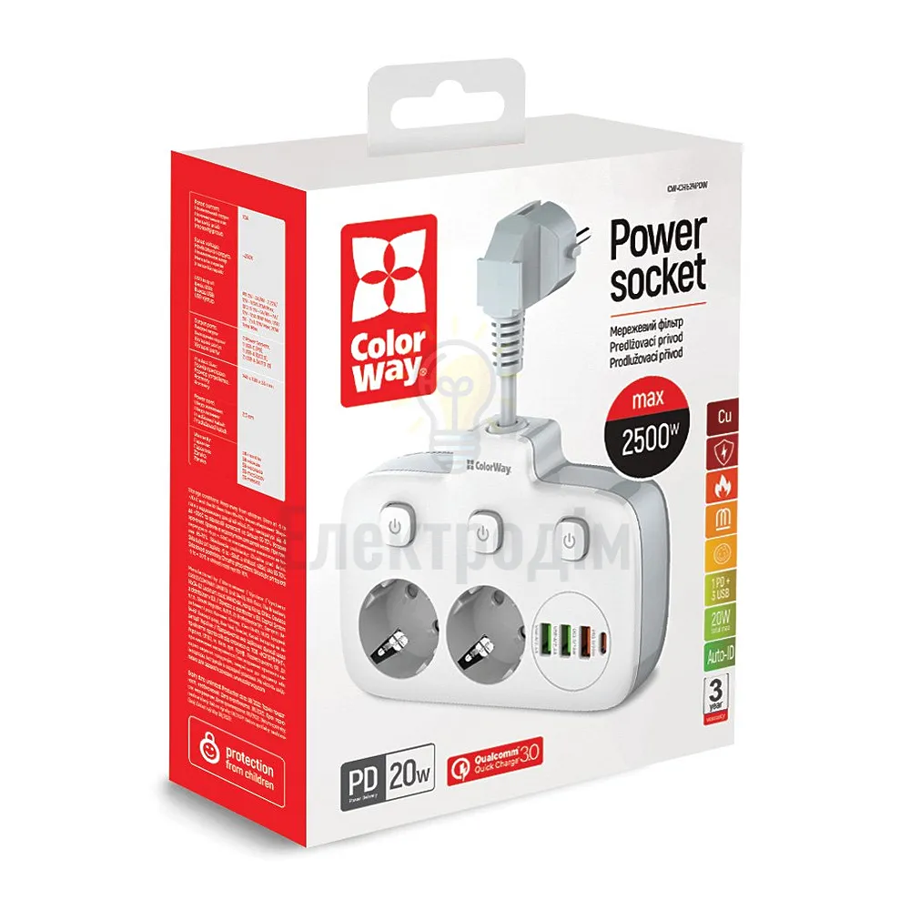 Подовжувач ColorWay Фільтр мережевий 2 розетки/3USB-A/1Type-C CW-CHE24PDW ColorWay CW-CHE24PDW 