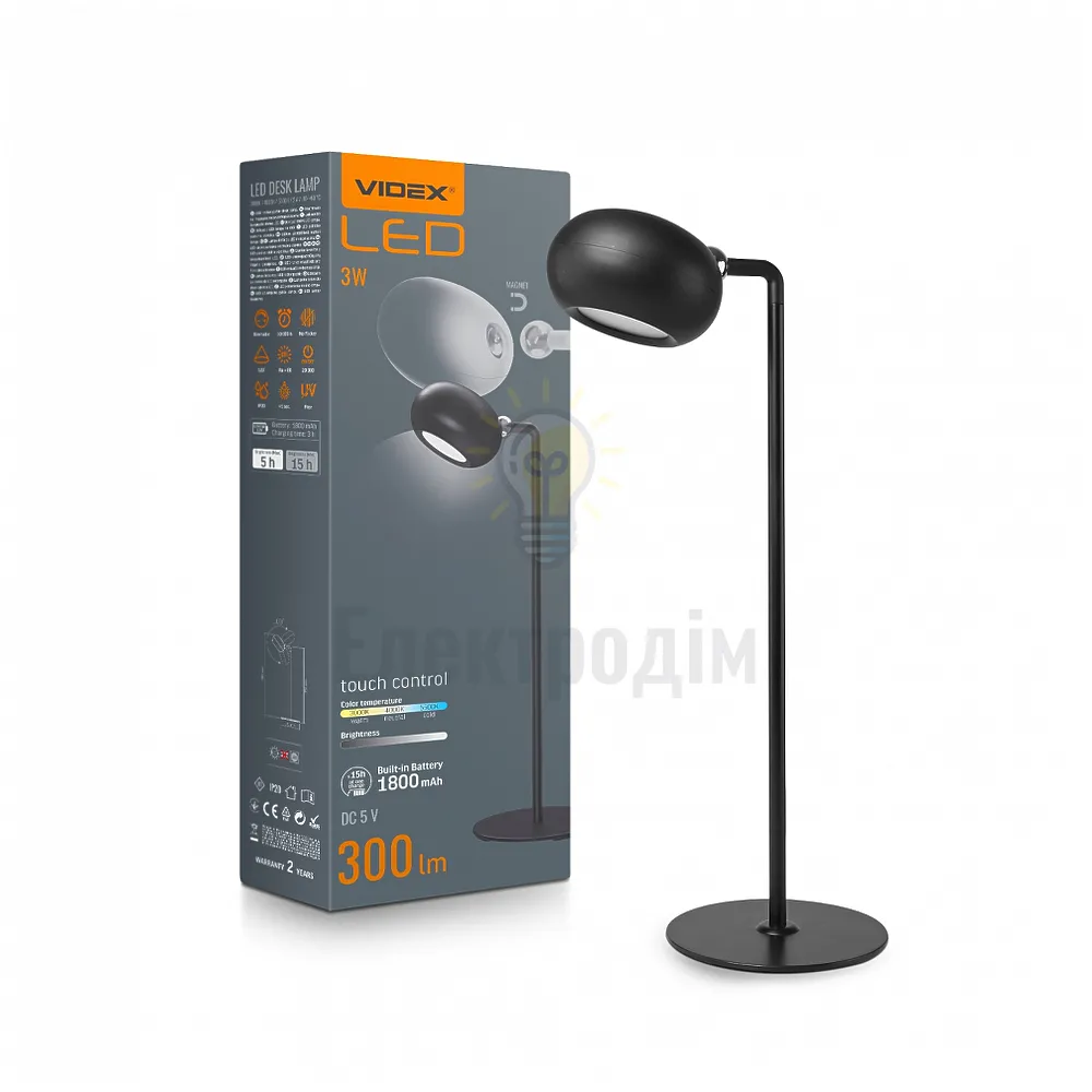 УЦІНКА LED лампа настiльна з акумулятором VIDEX VLE-TF18B 3W 3000-5500K Чорна VLE-TF18B 
