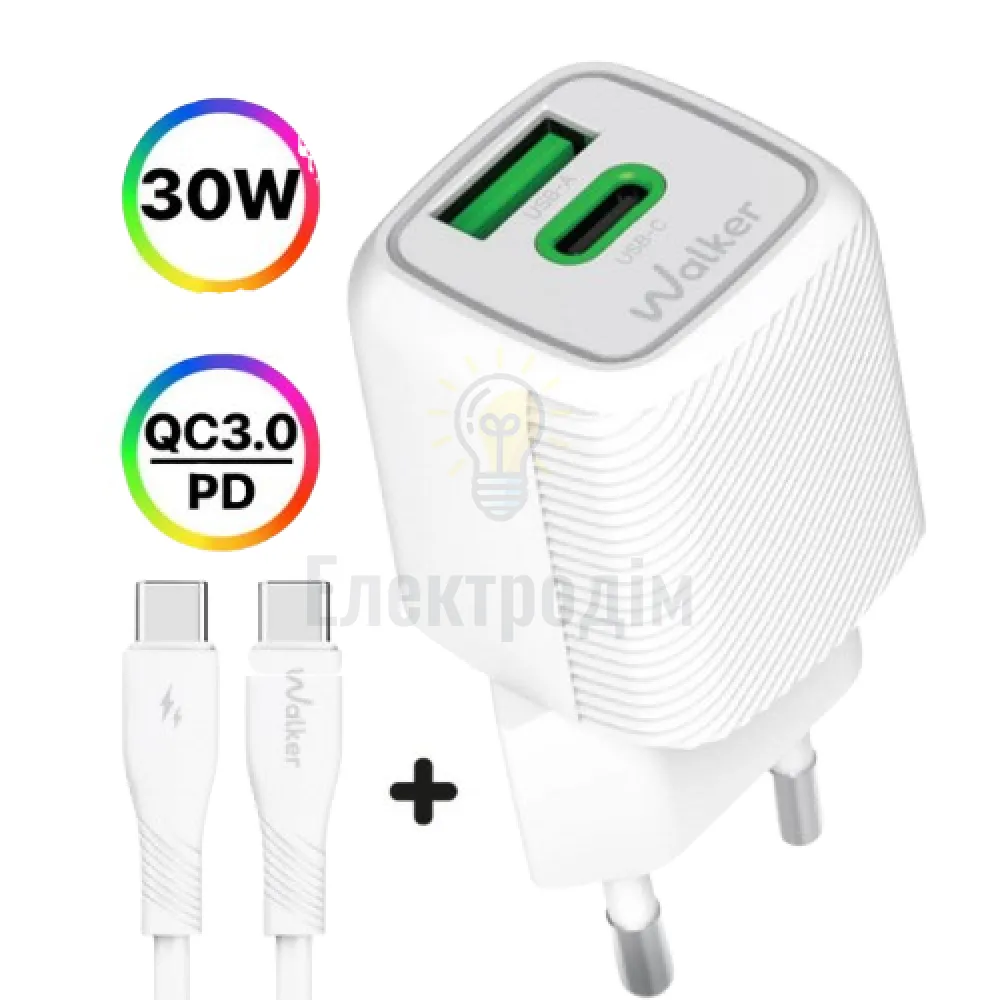 Зарядний пристрій мережевий USB/Type-C + кабель Type-C 30W білий GaN WALKER WH-71 white 
